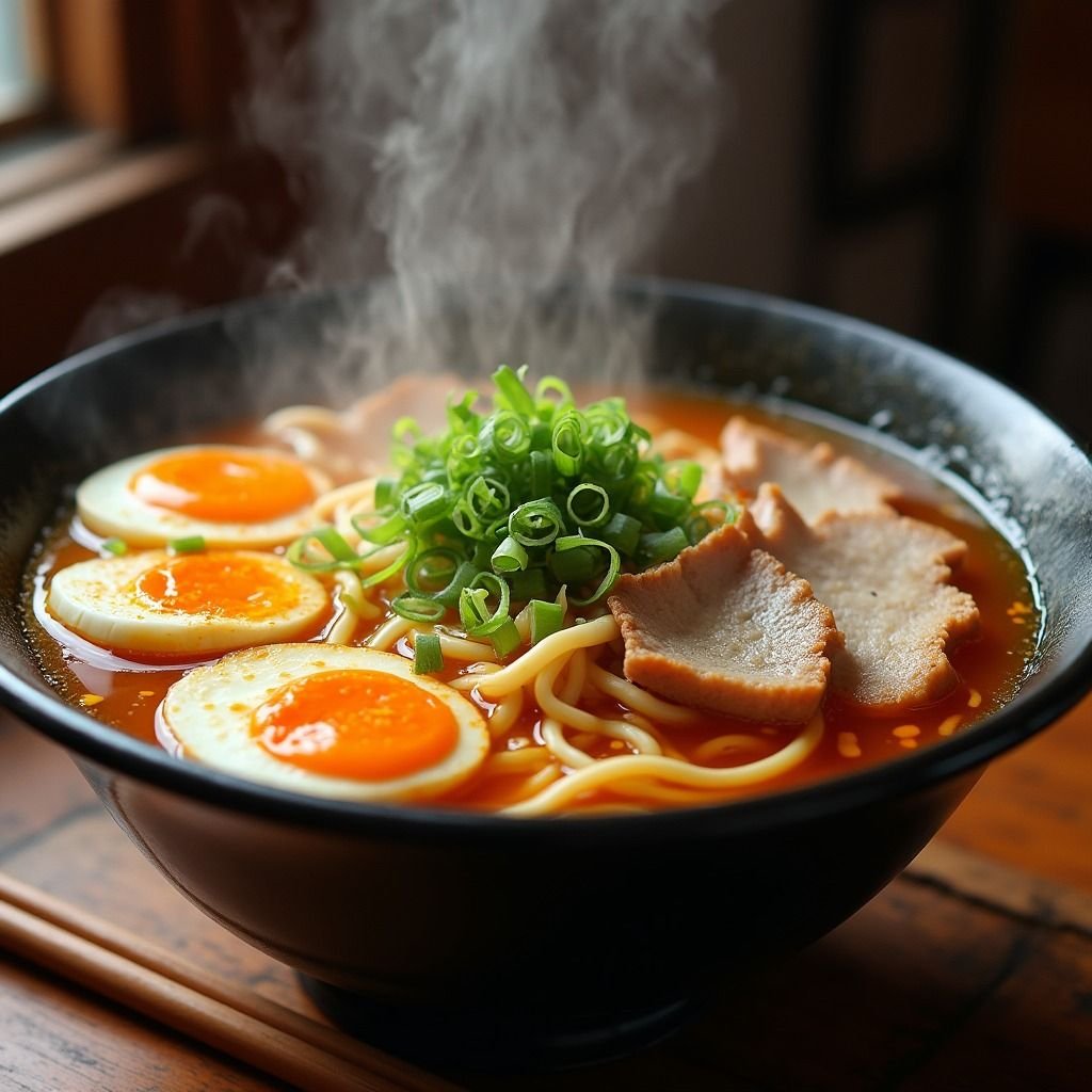 Steaming bowl of tonkotsu ramen with chashu pork and soft egg